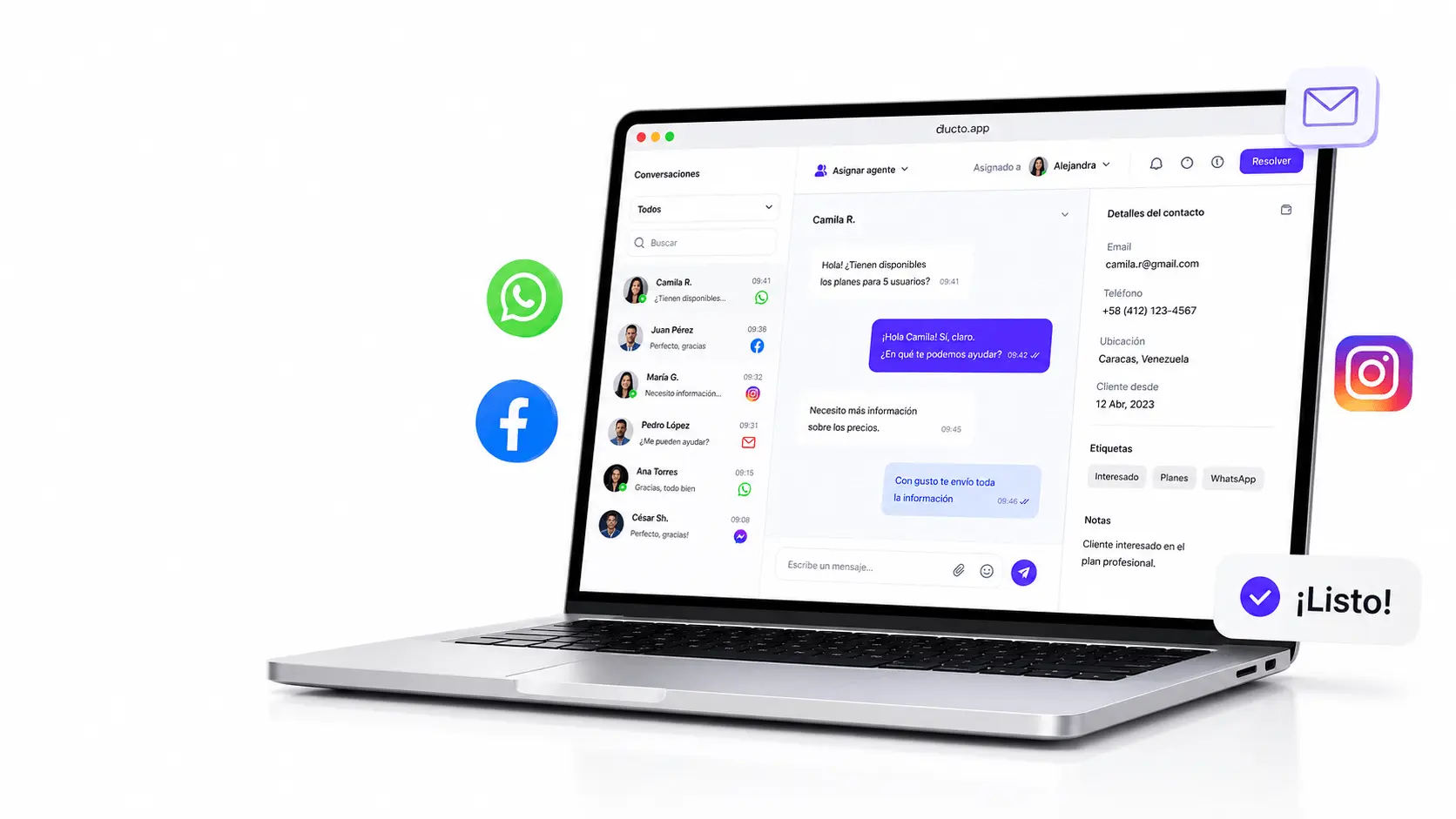 Ducto view with WhatsApp, Instagram, Facebook and email conversations in a unified inbox